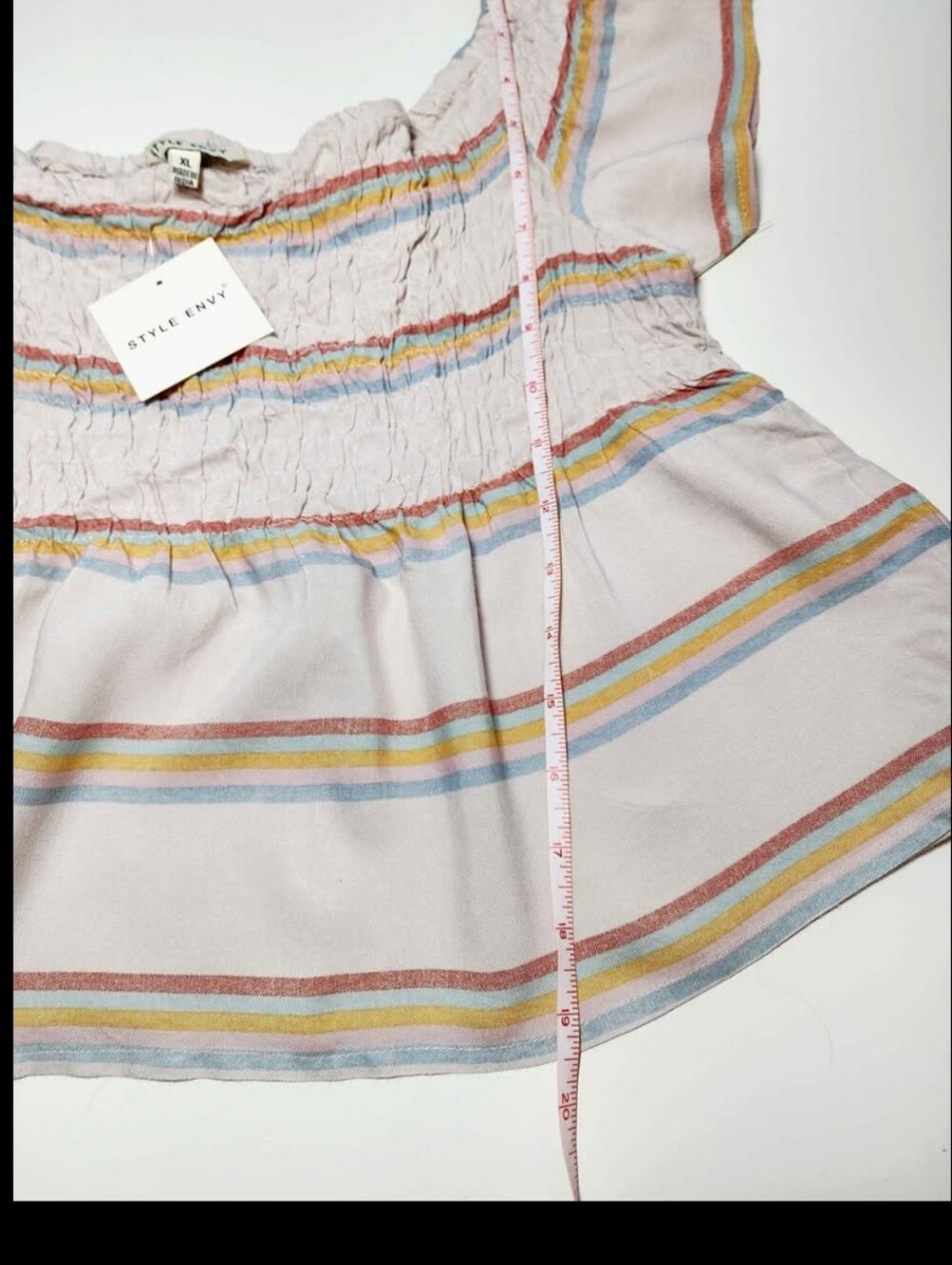 New with Tags Style Envy Girls Size XL Peplum Stripes Top Smocked Shirt Tan - Picture 6 of 6